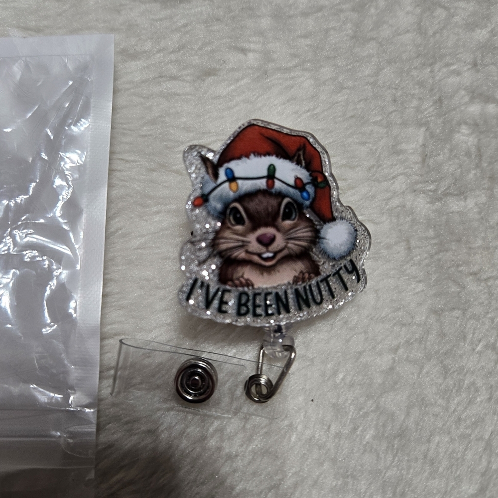 Boutique "I've Been Nutty" Festive Squirrel Christmas Hat Badge Reel NIP